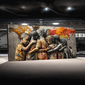 May include: A large canvas print featuring a group of children embracing, set against a backdrop of a world map. The artwork uses a muted color palette with warm tones, creating a sense of unity and global connection.
