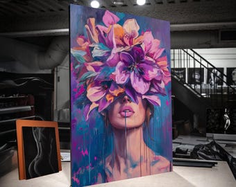 Abstract vrouwenportret met levendige bloemenkroon canvas, moderne kunst muurdecoratie, kleurrijke bloemen hoofddeksel schilderij, vrouwelijke expressie