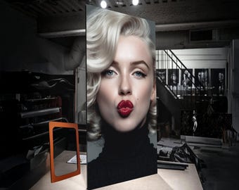 Retrato de una glamurosa rubia, lienzo de estilo retro, lienzo de maquillaje con labios rojos, glamour vintage de Hollywood, decoración de moda para el hogar.