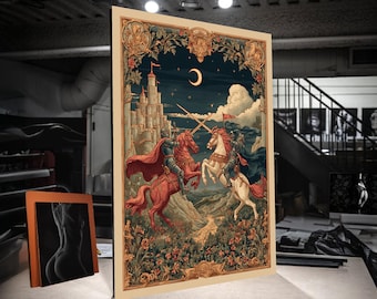Płótno z rycerskim turniejem rycerskim, sztuka ścienna z zamkiem w stylu vintage, scena bitwy fantasy, historyczne zbroje koni, klasyczne płótno dekoracyjne