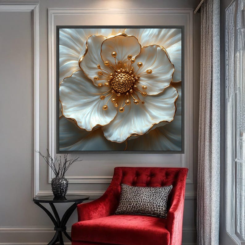 Elegant White and Gold Flower Canvas Wall Art, Luxury Floral Decor ...