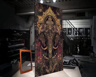 Verzierter Elefant Mandala Leinwand Wandkunst, spirituelle indische Dekoration Boho Elefant Kunst, detailliertes Design in Gold und Lila, Meditation zu Hause