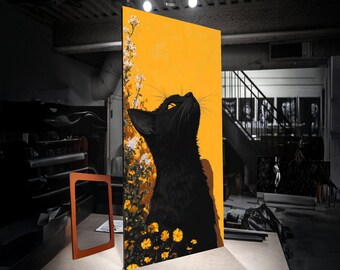 Black Cat Yellow Eyes Floral Garden Canvas Art