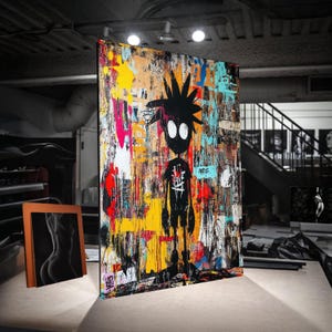 Arte mural en lienzo estilo grafiti urbano, personaje de arte callejero abstracto, lienzo de cultura pop moderna, decoración urbana colorida para el hogar.