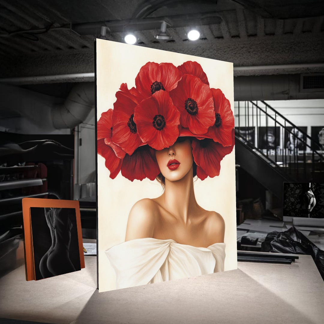 Elegant Woman Portrait With Red Poppy Hat Canvas, Floral Fashion Art ...