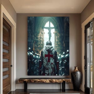 Arte de pared en lienzo de caballero medieval, armadura de cruzado con cruz roja, escena de batalla histórica, interior de iglesia gótica, decoración de guerrero, listo para imagen 6
