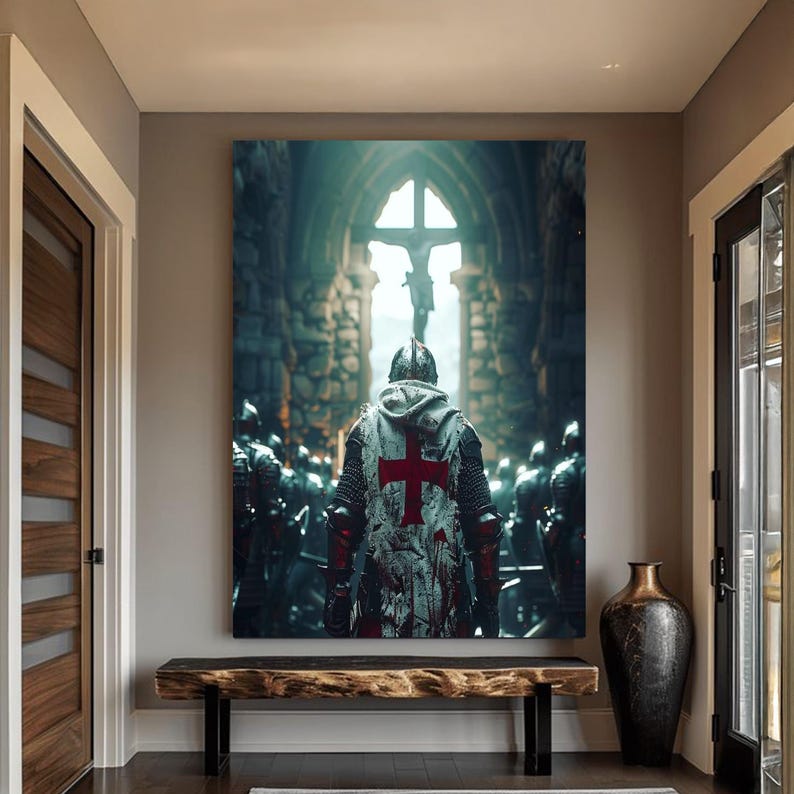 Arte de pared en lienzo de caballero medieval, armadura de cruzado con cruz roja, escena de batalla histórica, interior de iglesia gótica, decoración de guerrero, listo para imagen 6