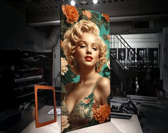 Elegante lienzo con retrato glamoroso retro, arte mural vintage de mujer rubia, lienzo floral de moda, decoración clásica para el hogar.