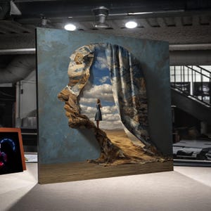 Surreal Human Profile Silhouette Canvas, Dreamscape Wall Art, Creative Conceptual Home Decor, Woman Standing in Vast Landscape, Sky and