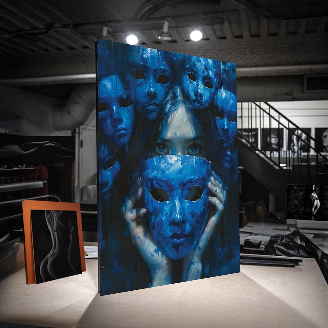 Mystical Blue Mask Canvas, Woman With Masks Wall Art, Abstract Face ...