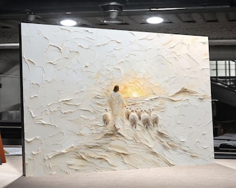 Lienzo de Jesús Pastor Guiando a las Ovejas, Arte Religioso para Pared, Decoración Cristiana para el Hogar, Pintura de Paisaje Espiritual, Lienzo Inspirador de Fe