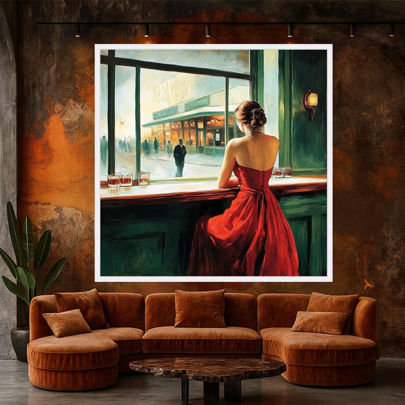Elegant Woman in Red Dress Canvas Wall Art, Vintage Bar Scene Painting ...