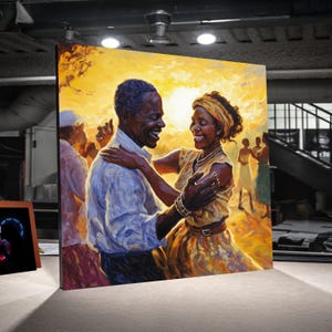 May include: A large square canvas painting depicts a joyful couple dancing in front of a bright yellow and orange sunset. The man wears a white shirt, and the woman wears a yellow dress. Other figures are in the background.
