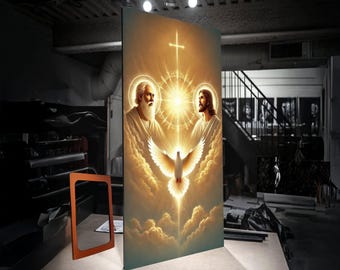 Arte de pared en lienzo de la Santísima Trinidad, pintura religiosa cristiana divina, Jesús y Dios Padre con paloma, decoración religiosa con brillo espiritual.