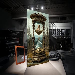 May include: A large, ornate hourglass with a baby in the top chamber and a skull in the bottom. The hourglass is set against a backdrop of a forest scene. The frame is gold and brown, with intricate details.