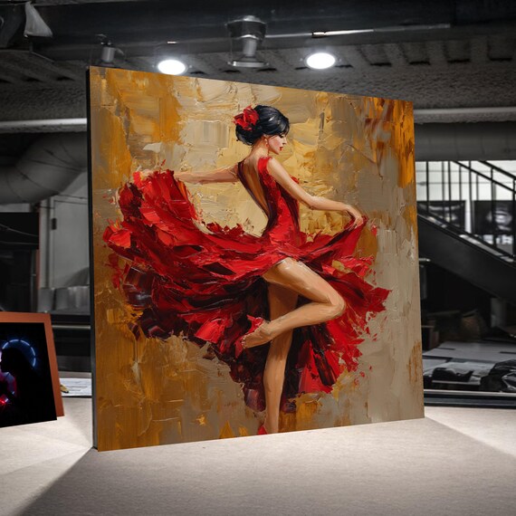 Flamenco Dancer in Red Dress Canvas, Abstract Ballet Wall Art, Elegant Dance Painting, Modern Figurative Canvas, Home Décor Accent