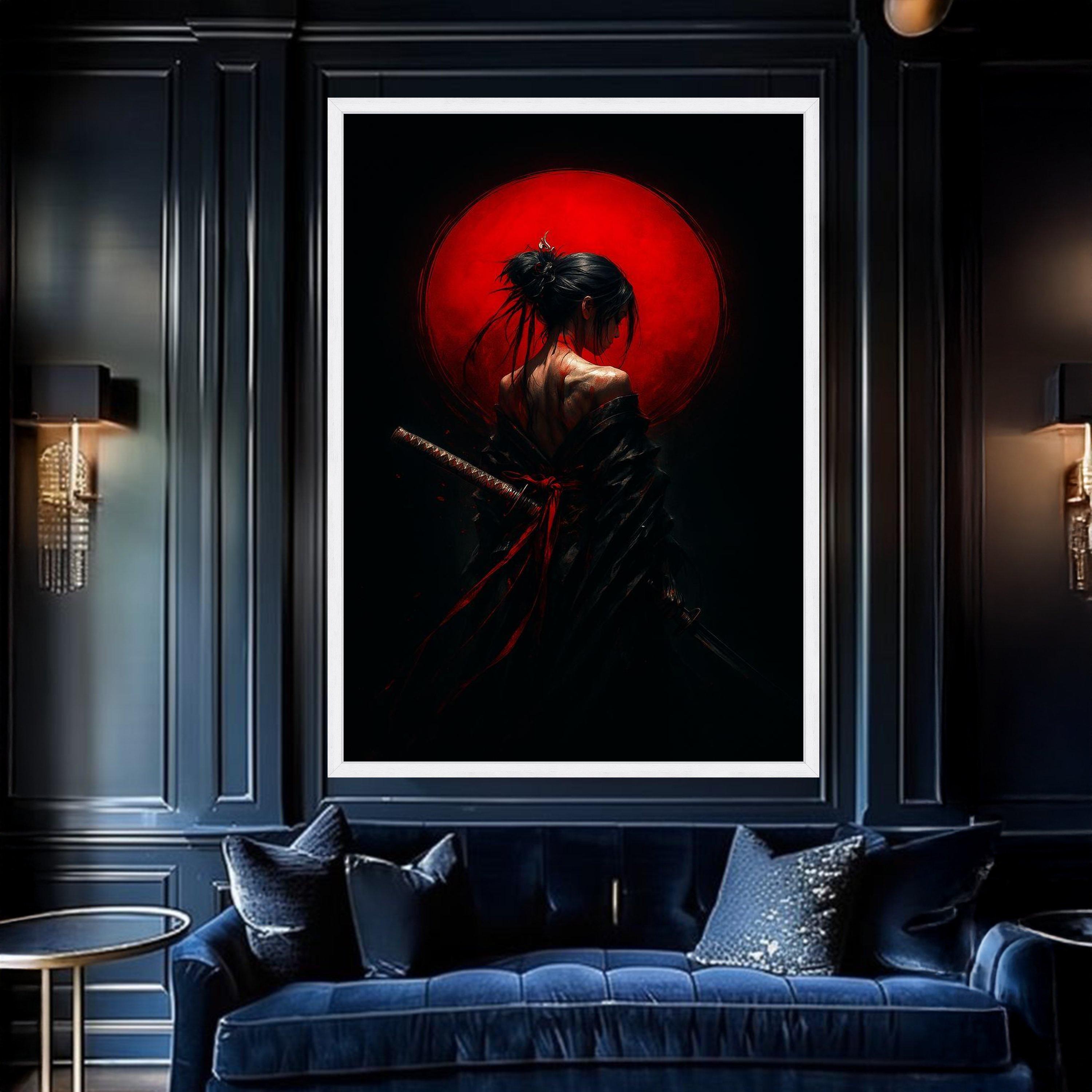 Samurai Woman With Sword, Japanese Warrior Canvas, Red Moon Background ...