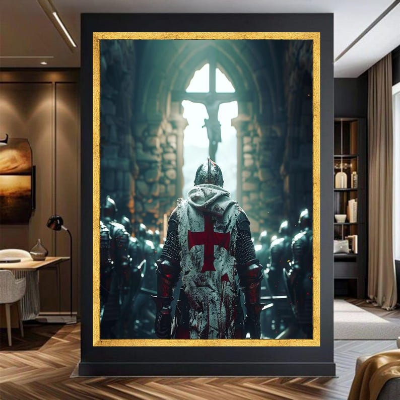 Arte de pared en lienzo de caballero medieval, armadura de cruzado con cruz roja, escena de batalla histórica, interior de iglesia gótica, decoración de guerrero, listo para imagen 2