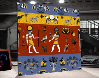 Ancient Egyptian Symbols Canvas Wall Art, Pharaoh and Gods Illustration, Hieroglyphic Pattern, Mythology Decor, Colorful Egyptian Canvas