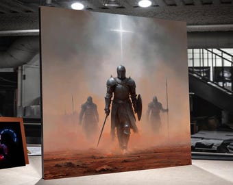 Medieval Knight Armor Canvas Wall Art, Dark Fantasy Warrior Painting, Historic Armor Canvas, Inspirational Cross Light, Battle Scene Wall