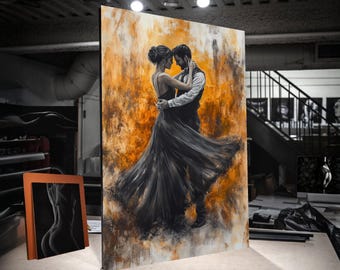 Romantic Dancing Couple Canvas Art, Elegant Ballroom Dance Wall Decor, Black Dress and Suit Painting, Passionate Home Decoration