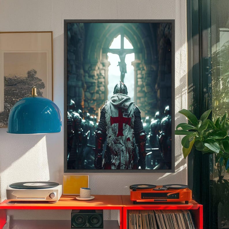 Arte de pared en lienzo de caballero medieval, armadura de cruzado con cruz roja, escena de batalla histórica, interior de iglesia gótica, decoración de guerrero, listo para imagen 3