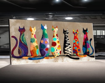 Colorful Abstract Cats Canvas, Modern Cat Art Print, Whimsical Animal Wall Decor, Vibrant Home Decoration, Ready to Hang Canvas Wall Art