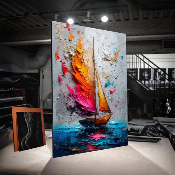 Tela vibrante com veleiro, pintura colorida do mar e do céu, decoração náutica abstrata para parede, tela moderna com tema oceânico, pronta para pendurar.