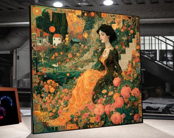 Elegant Victorian Woman in Blooming Garden Canvas, Vintage Floral Wall Art, Classic Outdoor Portrait, Romantic Home Decoration, Ready to