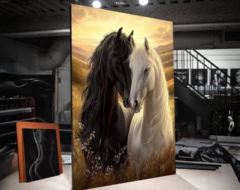 Tela com majestosos cavalos pretos e brancos, arte de parede romântica com animais, tela com retrato equino, decoração de paisagem natural, pronta para pendurar.