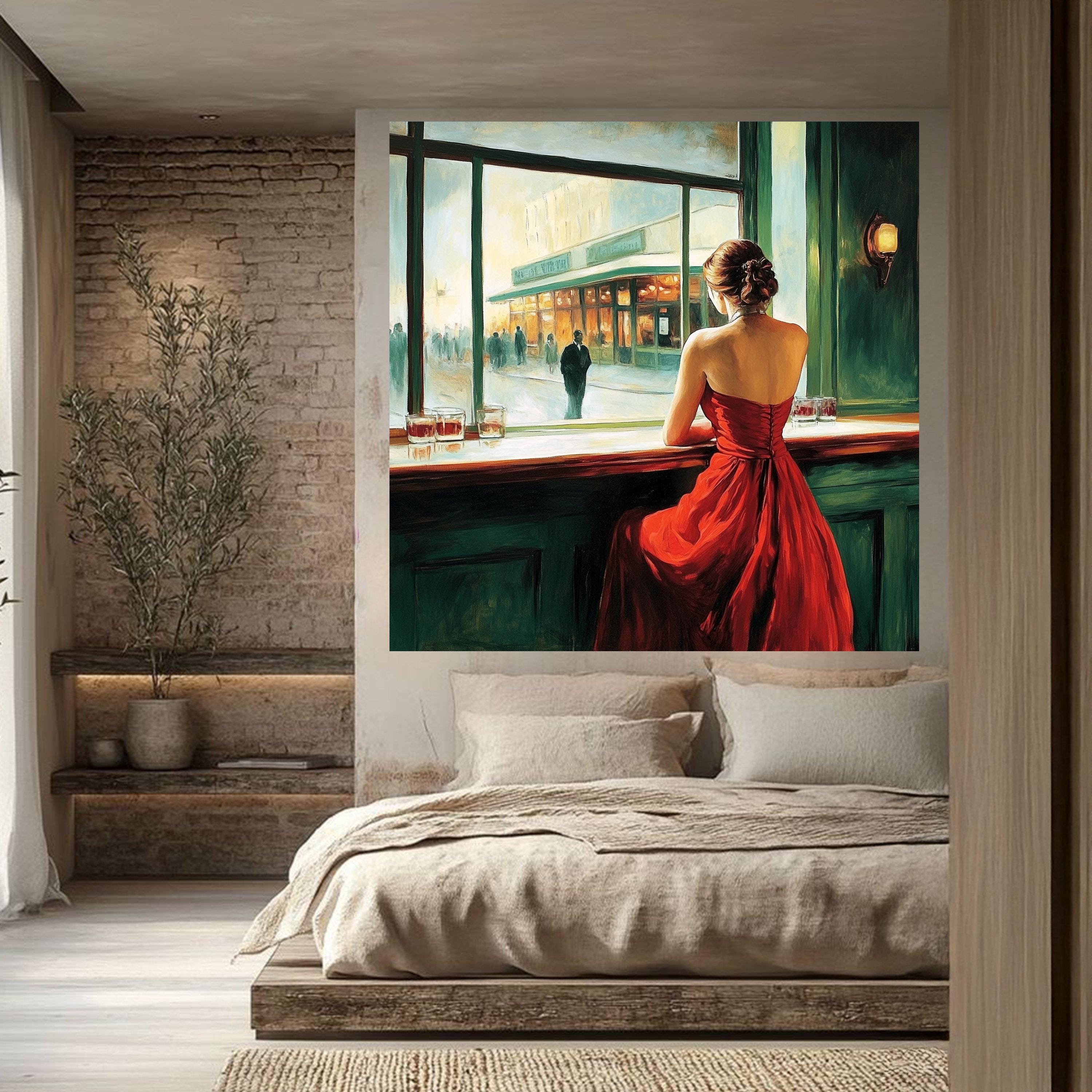 Elegant Woman in Red Dress Canvas Wall Art, Vintage Bar Scene Painting ...
