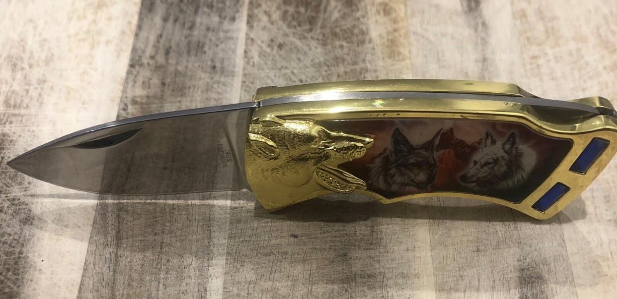 フランクリン ミント  コレクターナイフ Franklin Mint Knife In Zipper Pouch Collector Grizzly Bear Salmon