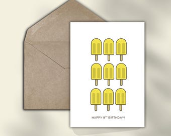 Happy 9th Birthday Popsicle druckbare Karte für Kinder, moderne Geburtstagskarte, PDF Sofort-Download