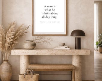 Arte mural con cita minimalista, impresión tipográfica en blanco y negro, arte mural inspirador, cita de Ralph Waldo Emerson, decoración de oficina neutra