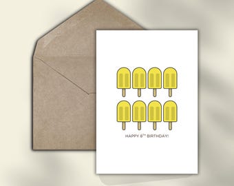 Happy 8th Birthday Popsicle druckbare Karte für Kinder, moderne Geburtstagskarte, PDF Sofort-Download