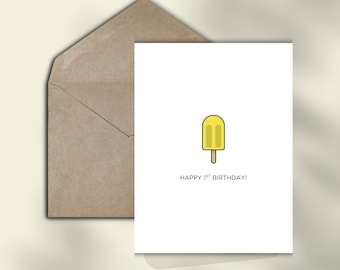 Glücklich 1. Geburtstag Gelbe Eis am Stiel druckbare Karte für Kinder, druckbare 100x120 Sofortige faltbare Karte | Minimal Modernes Design