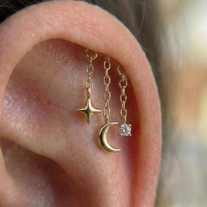 Pendiente de hélice oculta con cadena de luna celestial, piercing para cartílago, labret de titanio con parte trasera plana, joya para trago con concha