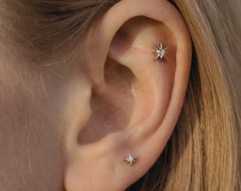 North Star Cartilage Stud Internally Threaded, Titanium Flat Back Helix Earring 16G, CZ Star Stud, Gold or Silver, Multiple Sizes Waterproof