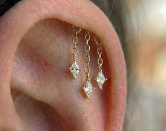 Boucle d'oreille hélix cachée 3 diamants, clou de cartilage en argent sterling, pendentif hélix CZ marquise, filetage interne 16G 6 mm Flatback