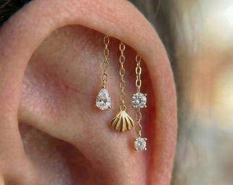 Hidden Helix Seashell Chain Earring, Sterling Silver Dangle Cartilage Piercing, Summer Shell Jewellery, Internally Threaded 16G Flatback