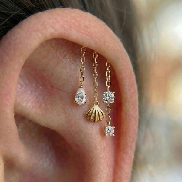 Pendiente de cadena con concha marina Hidden Helix, piercing de cartílago colgante de plata de ley, joyería de verano con conchas, rosca interna, 16G de parte trasera plana
