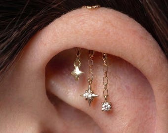 Orecchino a catena verticale con elica in argento sterling, pendente con elica nascosta con filettatura interna, perno per cartilagine da 16 g, gioielli con elica a catena a stella