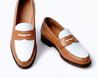 Men's Two-Tone Spectator Penny Loafers - Tan White Casual Luxury Slip-On Shoes