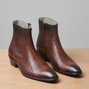 Men's Handcrafted Brown Python-Embossed Leather Chelsea Boots | Premium Ankle Dress Boots with Side Zipper