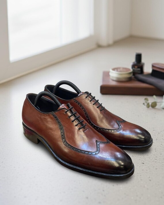 Handmade Leather Wingtip Dress Shoes: Classic Tan Wholecut 