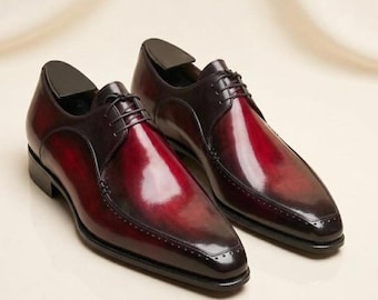 Scarpe eleganti Oxford in pelle bordeaux patinata, realizzate a mano, scarpe formali da uomo per matrimoni.