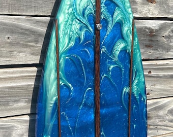 Original Epoxy Surfboard wall ART Layered epoxy with real wood stringers Stainless steel stand off mounting. Made with Aloha