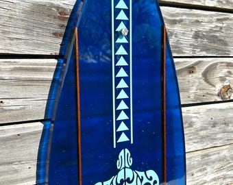 Hawaiian Surfboard Art Honu with Tapa design SURFBOARD wall decor. Made with Ocean Blue Transparent epoxy with glitter. Mahogany wood
