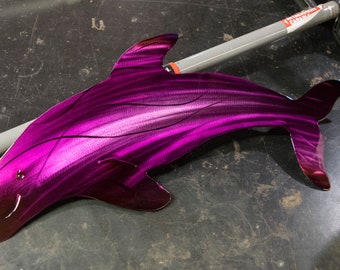 Purple Dolphin metal wall sculpture, reflects light for depth and movement Fish home decor