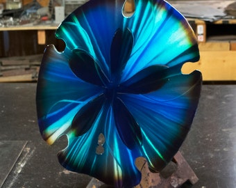 Teal and Blue Sand Dollar abstract metal wall art with Blow Torched center and edges original modern decor